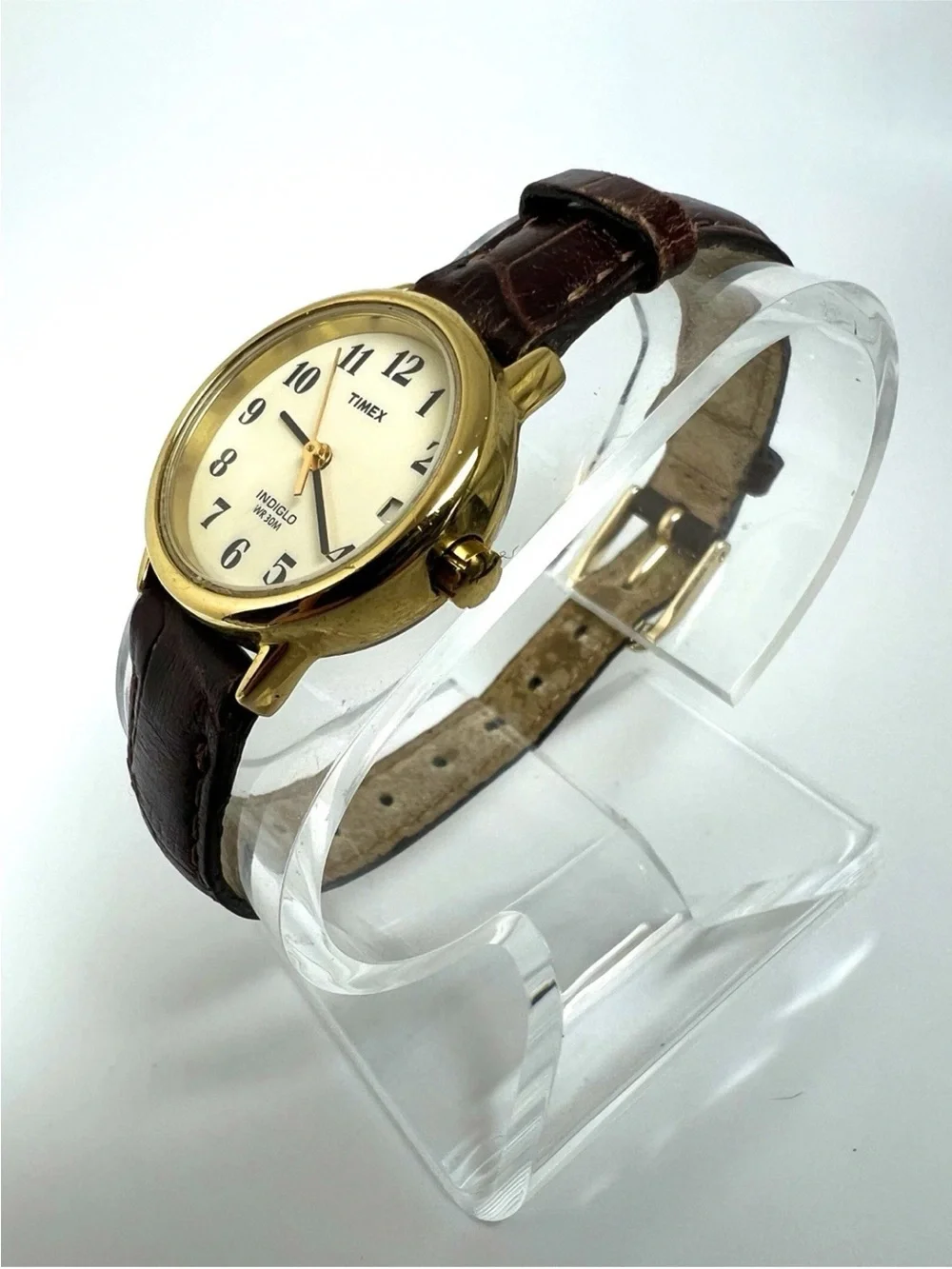Timex Gold-Tone Round Watch with White Dial and Brown Leather Strap